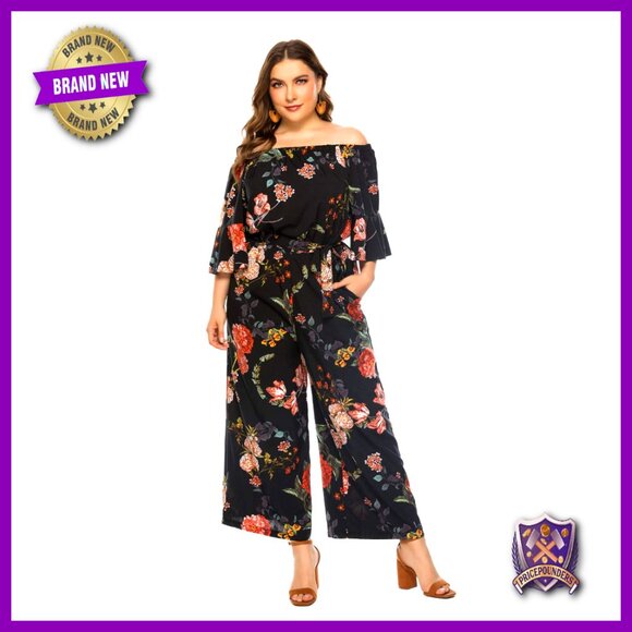 Floral Off Shoulder Wide Leg Jumpsuit Polyester Elastic Waist Dressy Casual
